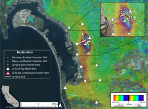 شکل 3- بررسی چاه ها، GPS و مکان های بررسی سطحی و تداخل سنجی از تاریخ 1 ژوئن 1998 تا 5 ژوئن 2000، در منطقه سن دیگو، کالیفرنیا نشان می‌دهد که حدود 35 میلی‌متر فرونشست رخ داده است.